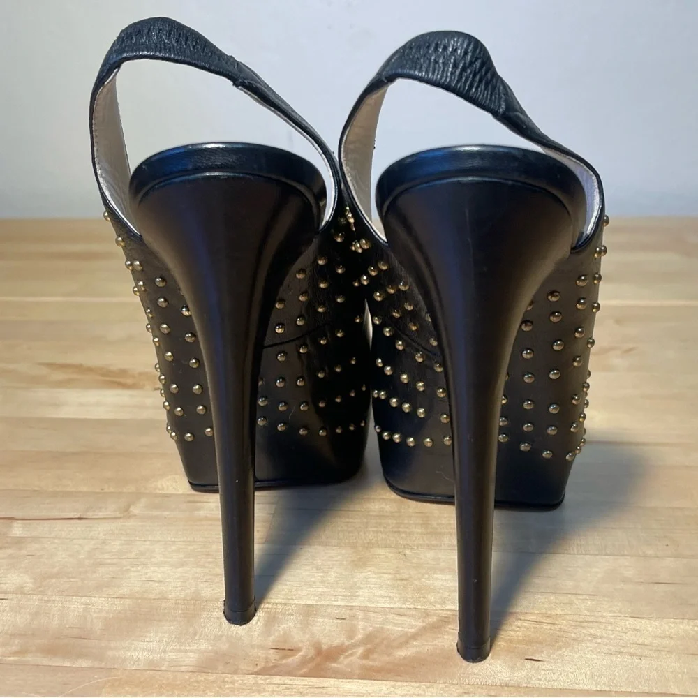 B Brian Atwood Black Studded Leather Platform Slingback Pumps Designer Heels